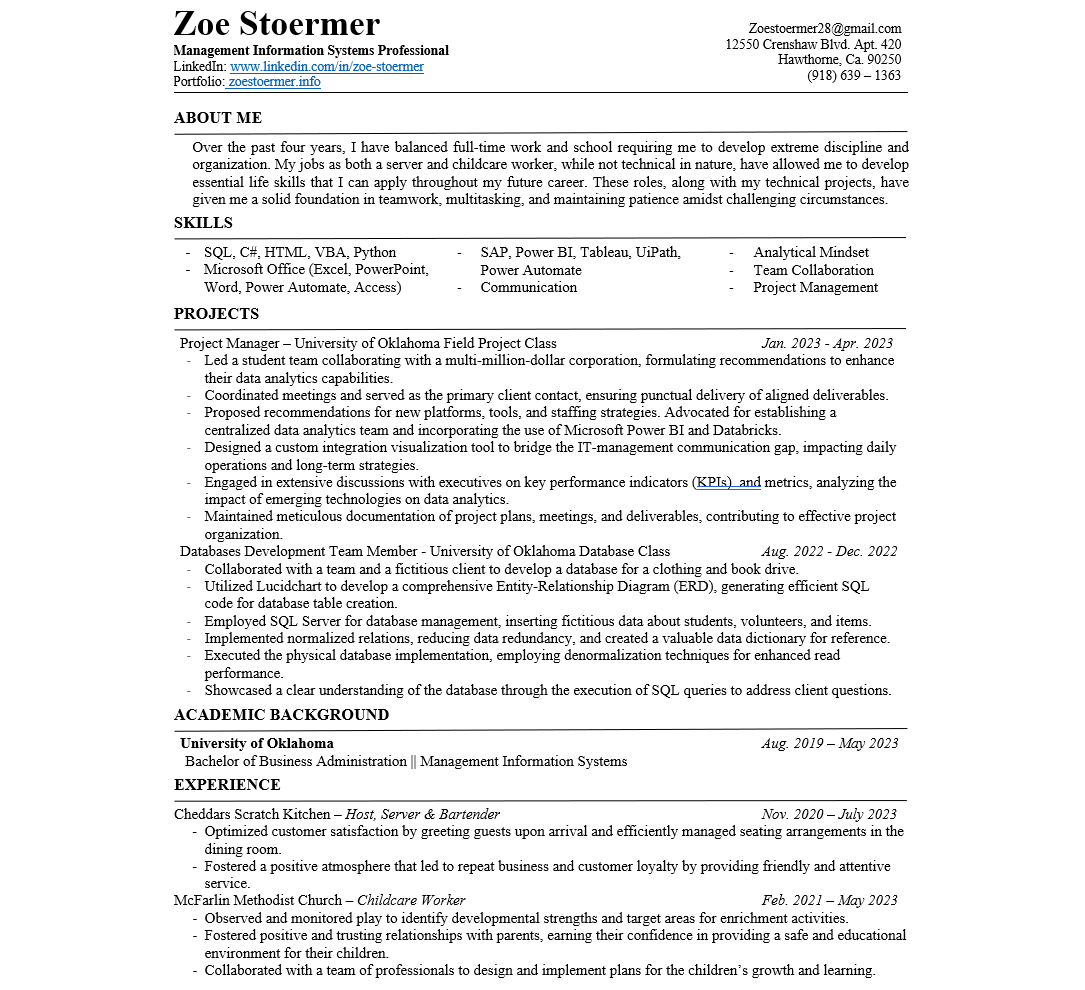 Zoe Stoermer's Resume